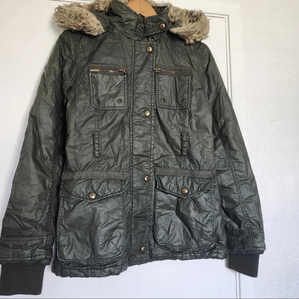Buffalo David Jacket Women's XS Green Army Coat Hooded Full Zip Utility Pockets